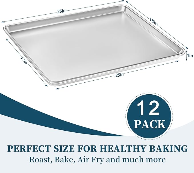 Full Size Commercial Quality Baking Sheet Pan, Bastwe Aluminum Cookie Tray Pan for Oven, Freezer, Bakery, Hotel Restaurant, Thick Steel Rim Prevents Warping (12 Pack, 26 x 18 Inch)
