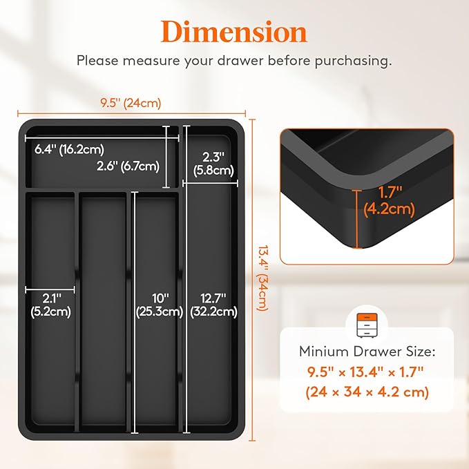 Lifewit Silverware Drawer Organizer Tray, Plastic Cutlery Storage for Kitchen, Flatware and Utensil Holder Divider for Spoons Forks Knives Tableware, 9.5 x 13.4", 5 Slots, Black