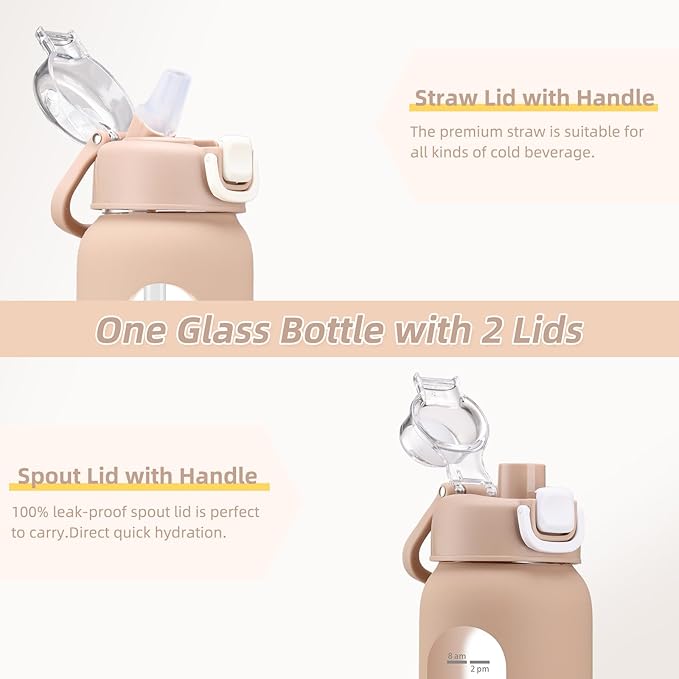 chunmo 32 oz Glass Water Bottles with 2 Lids-Handle Spout Lid & Straw Lid, 1 Liter Motivational Borosilicate Water Bottle with Time Marker and Silicone Sleeve,Leakproof-Amber-1 Pack