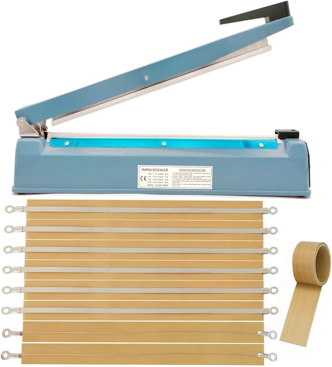 Impulse Heat Sealer 12 Inch 5mm Mylar Bag Sealer Heat Seal Machine, 110v Manual Heat Sealer for Plastic/Poly/Cookie Bags, 8 Replacement Parts & Teflon Cloth Strip(2 Round Cutter Lines Included)
