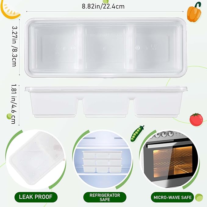 Hushee 100 Pack 17 oz Small Meal Prep Containers with 3 Compartments Snack Containers with Lid Disposable Plastic Bento Box Travel Lunch Food Boxes Stackable for Office Picnic (White)