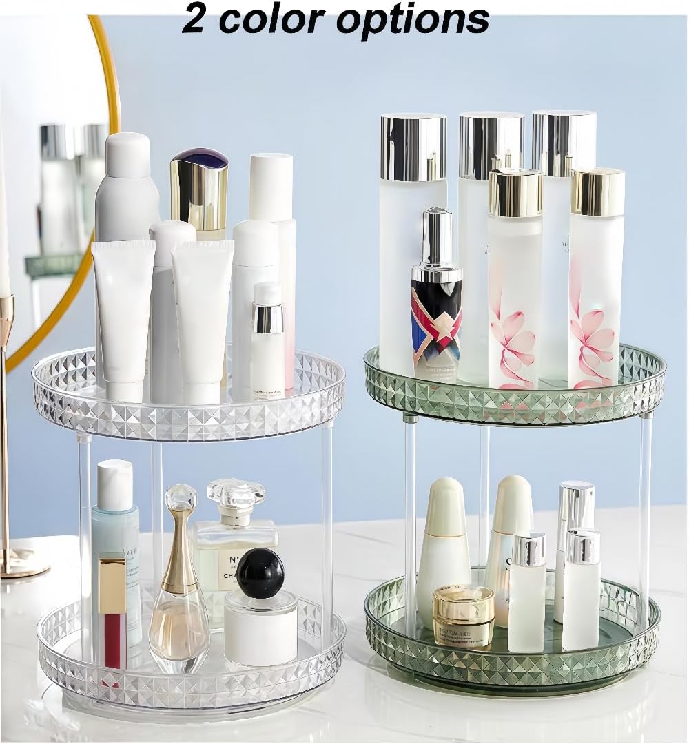 2 Tier Clear Lazy Susan Organizer for Fridge and Cabinet, 360° Rotating Makeup Organizer, Cosmetic Display Cases, Under Sink Turntable Organizer for Kitchen Bathroom Dorm
