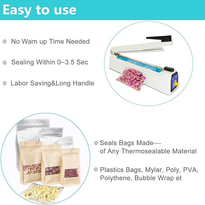 Impulse Heat Sealer Bag Sealer Machine Handheld Sealer Packaging Machine 3mm Sealing for Bag Width Sealing Machine for Self Sealing Plastic with Extra 4 Replacements 2 Fuse Kit(12 inches)