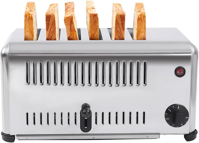 Electric 6 Slice Toaster, 1680W Stainless Steel Commercial Toaster with 6 Wide Slot, 1-5 Minute Timer Bread Baking Machine with Crumb Tray or Home Bakery Restaurant Dessert Store