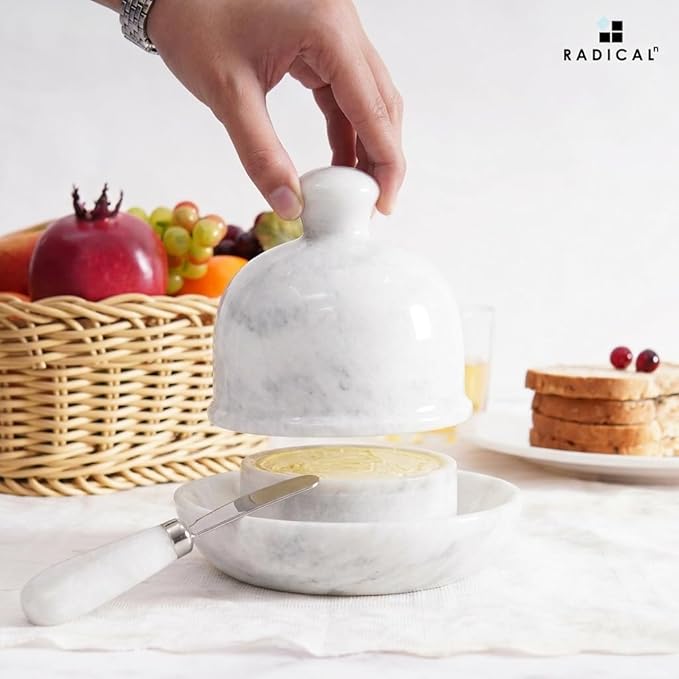 Radicaln Marble Butter Dish With Lid 6" Inches White Handmade Butter Storage Container, Ideal Butter Dish and Butter Crock For Counter With Water