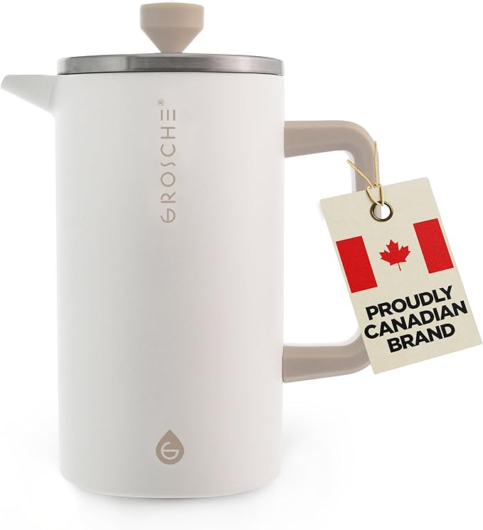 GROSCHE Dub'lin Stainless Steel Coffee Maker French Press 8 Cup | 34 FL Oz Coffee Press, 18/8 Double Walled Stainless Steel French Press Coffee Maker - Hot/Cold Brew | Stainless French Press - WHITE