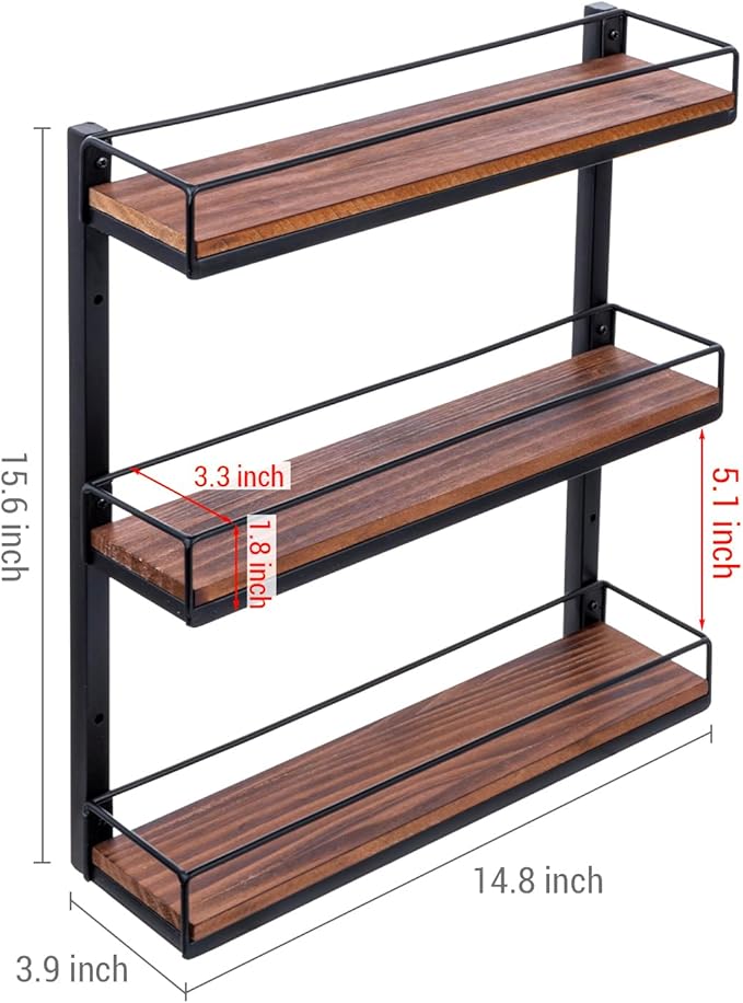 MyGift 3 Tier Wall Mounted Spice Rack, Black Metal and Burnt Solid Wood Kitchen Hanging Seasoning Shaker Spice Jar Condiment Bottle Shelf Pantry Organizer