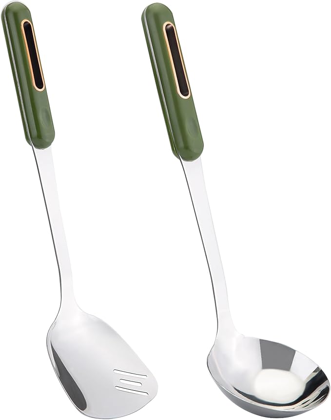 FJNATINH Spatula and Ladle Set - 2 Wok Tools - Universal Ladle and Spatula - Stainless Steel Cooking Utensils and Accessories, 13"-14", Green Handle