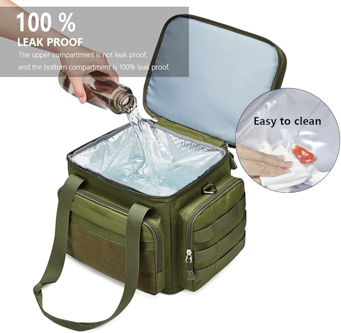 Gafetrey Tactical Lunch Box for Men, Insulated Lunch Bag Adult, Thermal Lunchbox Leakproof Waterproof Cooler Bag, Dual Compartment Lunch tote, Large Lunch Pail for Work Office Travel(Green) 15L
