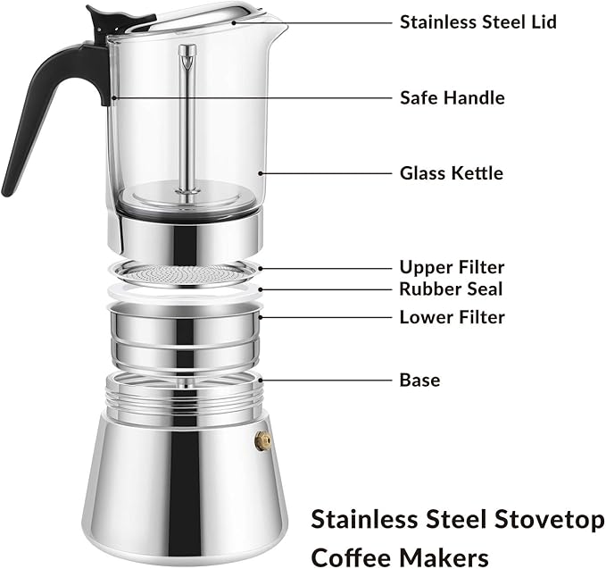 Geesta Premium Crystal Glass-Top Stovetop Espresso Moka Pot - 4/6/ 9 Cups - Stainless Steel Coffee Maker- 160ml/5.6oz/4 cup (espresso cup=40ml)