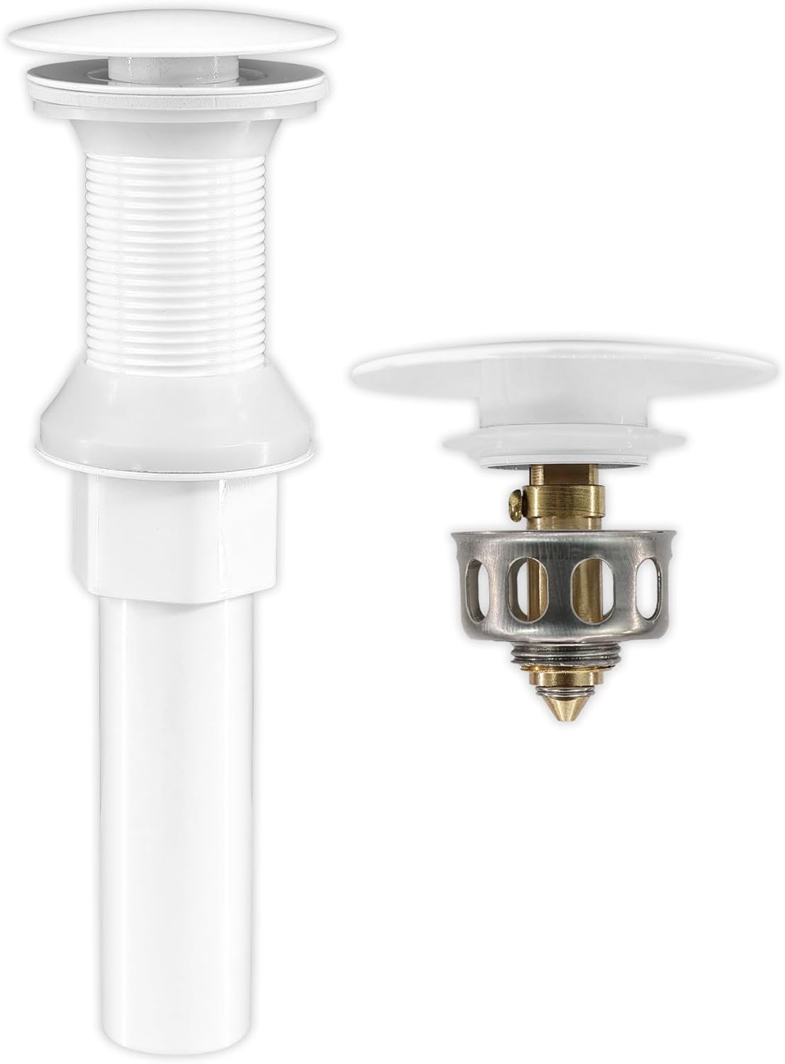 Bathroom Sink Drain,Drain Stopper Bathroom Sink Without Overflow,Pop Up Drain Assembly with Detachable Strainer Basket,Built-in Anti-Clogging, Stainless Steel Nut White