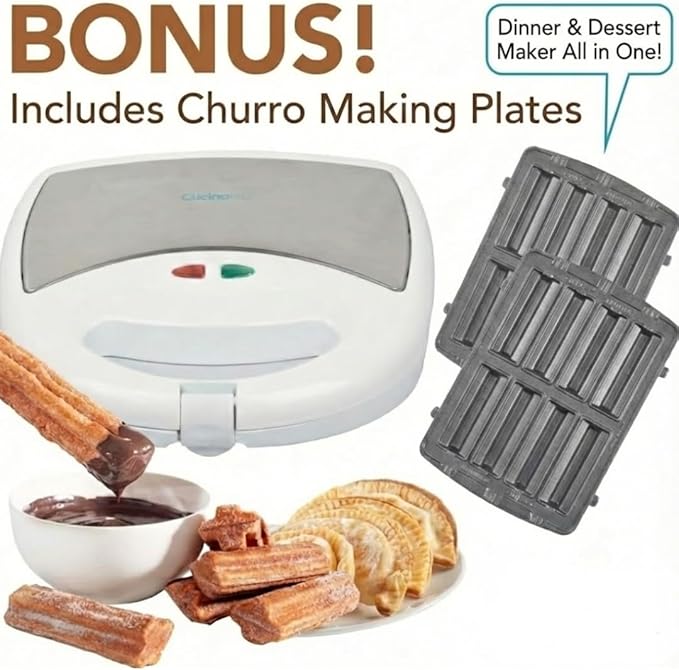 Electric Empanada Maker Machine w Dough Cutter & Nonstick Plates- Easier than Press & Molds- Homemade Latin Turnovers, Hand Pies, Dumplings, Stuffed Pastries w BONUS Churro Plates, Make Dessert & Apps