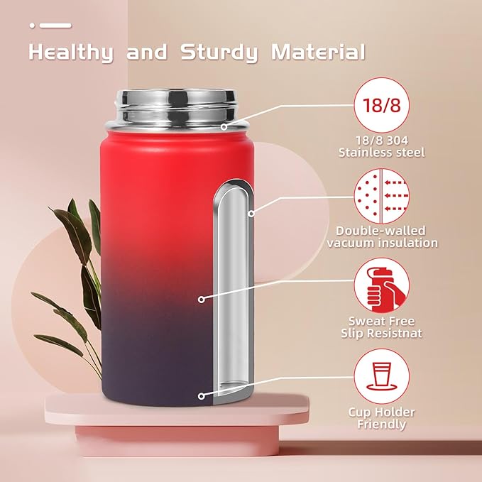 Volhoply 14oz KIds Water Bottle with Straw Lid and Silicone Boot Bulk 2 Pack,Stainless Steel Insulated Cups for Boys & Girls Multipack,Double Wall Vacuum Leakproof Bottles(Red Purple,2)