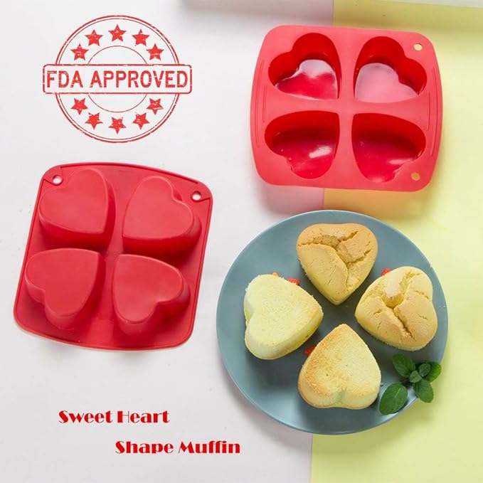 Webake Silicone Heart Mold 2.75" Heart Shaped Cake Pans, 4-Cavity Air Fryer Baking Pan Muffin Cupcake Mold for Baking, Soap, Egg Bites 2 Pack