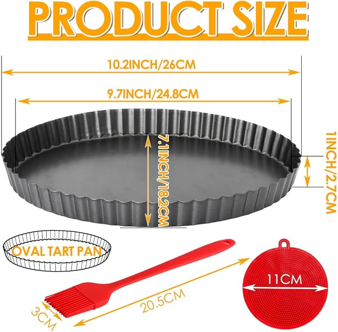 Tart Pan 10 Inch Oval Quiche Pan, Carbon Steel Pie Pans with Oil&Dish Brush Non-Stick Quiche Tart Pan with Removable Bottom for Tarts, Pies, Mousse Cakes and Desserts