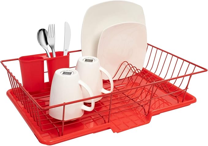 Sweet Home Collection 3 Piece Metal Dish Drainer Rack Set with Drying Board and Utensil Holder, 12" x 19" x 5", Red