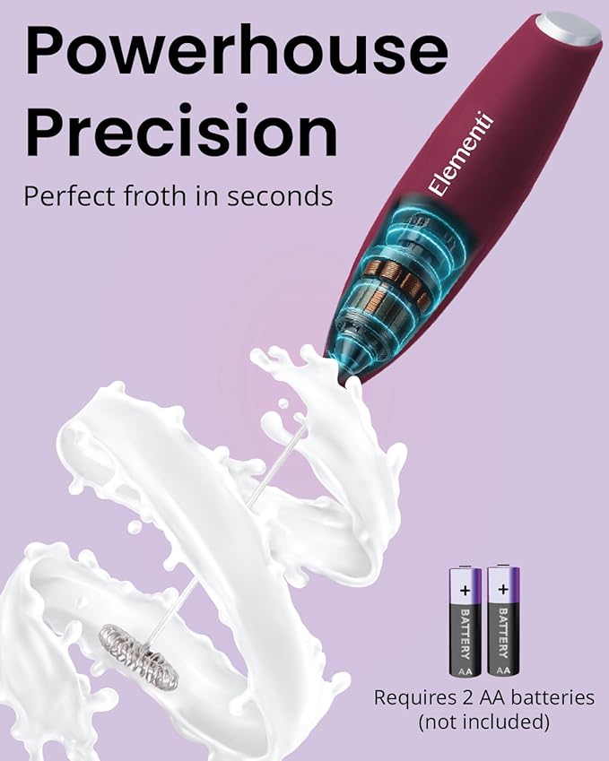 Elementi Milk Frother Wand & Drink Mixer with Stand - Turbo Milk & Coffee Frother Handheld - Hand Held Coffee Mixer Wand & Cold Foam Maker for Frothy Cappuccinos, Lattes & Drink Mixes (Burgundy)