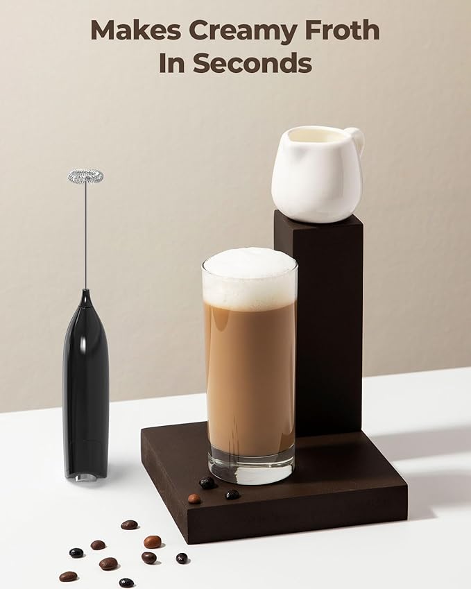 SIMPLETASTE Milk Frother Handheld Electric Foam Maker, Drink Mixer with Stainless Steel Whisk for Cappuccino, Bulletproof Coffee, Latte, Midnight Black, without Stand, Battery Operated