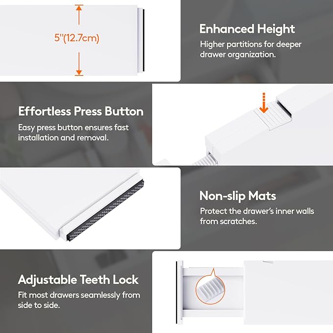 Lifewit 5 Pack 5" High Drawer Dividers 34-56cm/13.5-22" Adjustable Drawer Organizer for Clothes/Utensils, Expandable Drawer Separator in Dresser/Kitchen/Bedroom/Office Organization & Storage White