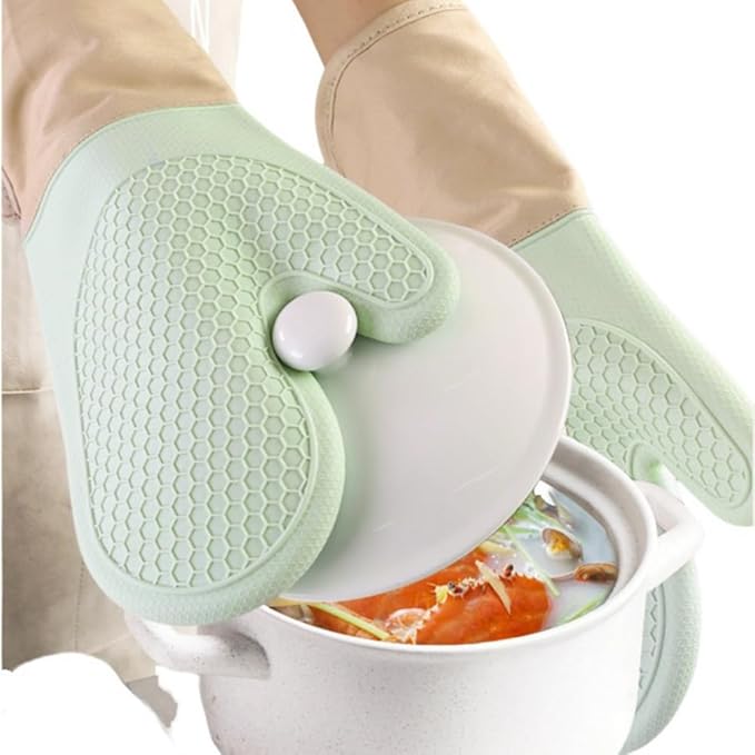 6-Piece Silicone Oven Mitts Set, Heat Resistant Kitchen Gloves with Soft Cotton Lining, Pot Holders & Mini Mitts for Cooking, Baking, BBQ – Light Green