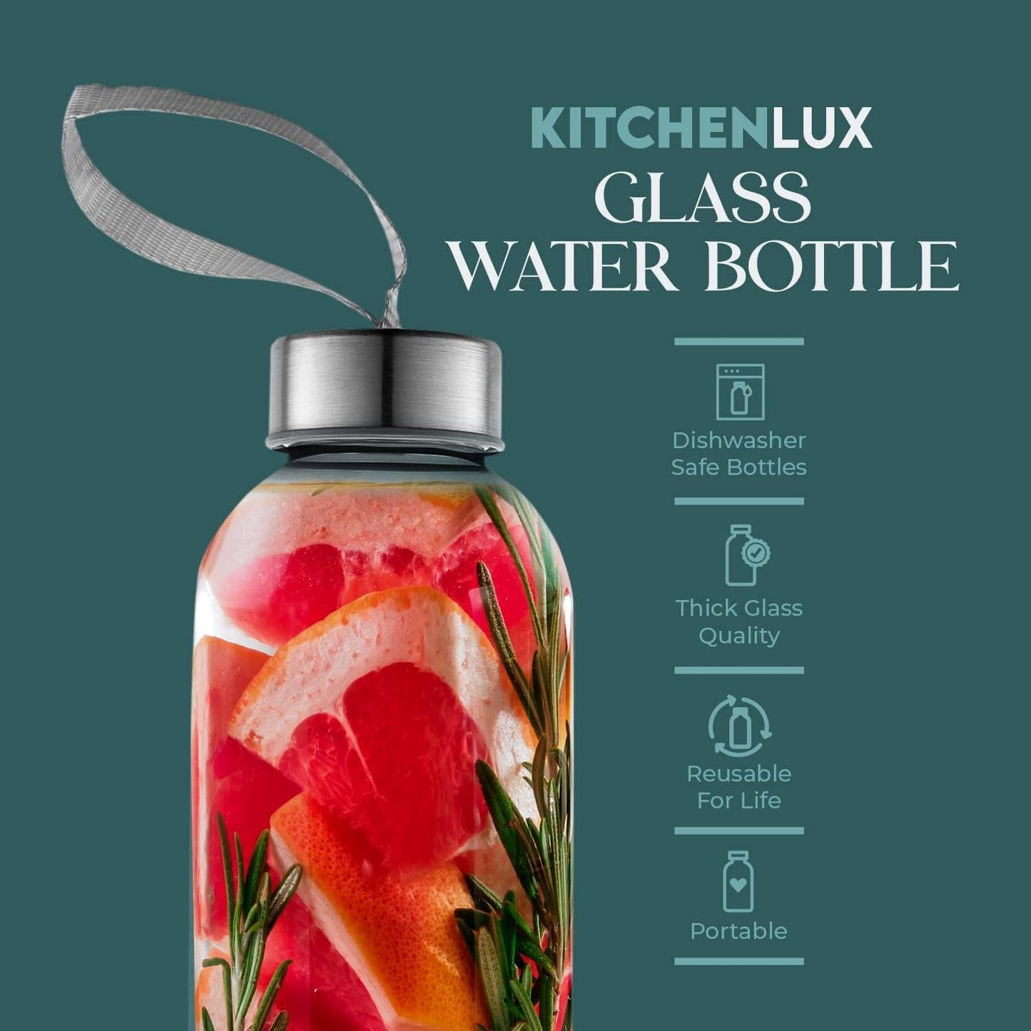 16 Ounce Glass Water Bottles, Reusable Water Bottles with Airtight, Pack of 4, Stainless Steel Lids Carrying Strap And Nylon Water Bottle Protective Sleeves for Hot Or Cold Drinks