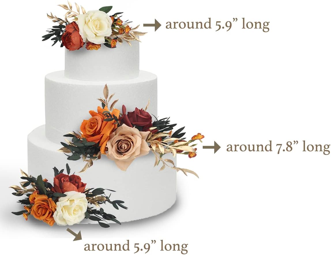 Rinlong 3Pcs Pre-made Cake Topper Cake Decorating Flowers for Cake Decor Boho Burnt Orange Fall Cake Flowers for Wedding Baptism Birthday Party Bridal Baby Shower