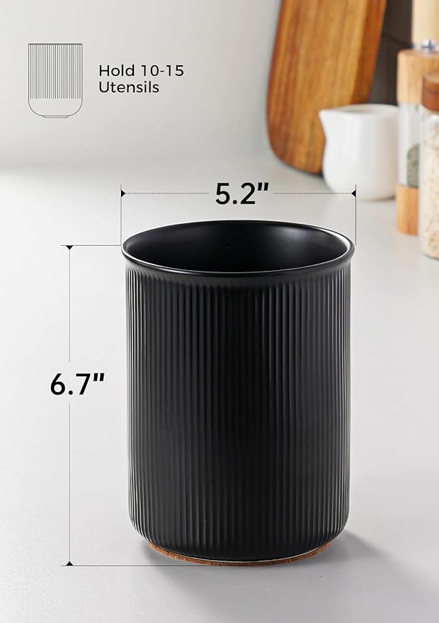 LoeJan Utensil Holder, Extra Large Utensil Crock, Stable Ceramic Utensil Organizer, Cooking Tool Organizer Set for Kitchen Counter Farmhouse Décor, Matte Black