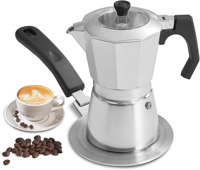 2Pcs - 1 Moka Pot Espresso + 5.5 Inch Stainless Steel Induction Plate Adapter, 6 Cup Aluminium Italian Stovetop Espresso Maker, Transparent Cover, Portable Coffee Maker for Camping