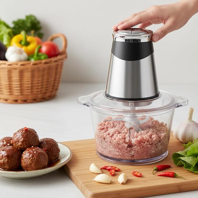 MEGAWISE Food Processor, 800W Electric Meat Grinder, 1.8L Stainless Steel Bowl & 1.8L Glass Bowl, Dual Speed Modes for Meat, Onion, Vegetables, Nuts, Fruits, Baby Food