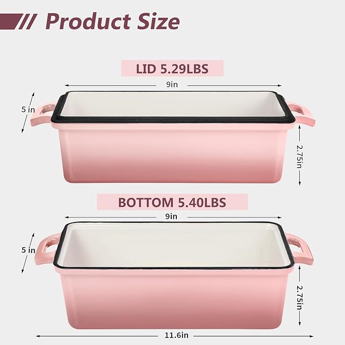 Wildone Enameled Cast Iron Bread Loaf Pan with Lid, 9x5 Sourdough Baking Pans for Homemade Bread, Cake, Meatloaf, Even Heating Bread Pans, 2-Piece Set, Pink