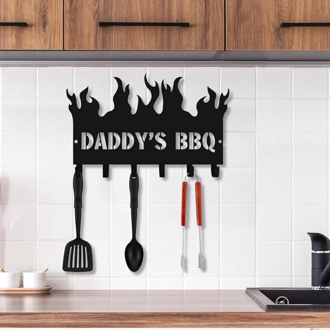 Personalized BBQ Cooking Utensils Wall Hooks Rack for Dad Custom Grilling Tool Organizer Barbecue Tool Metal Storage Holders Grill Cutlery Hanger Father's Day Utensils Hanging Hooks (Style 1)