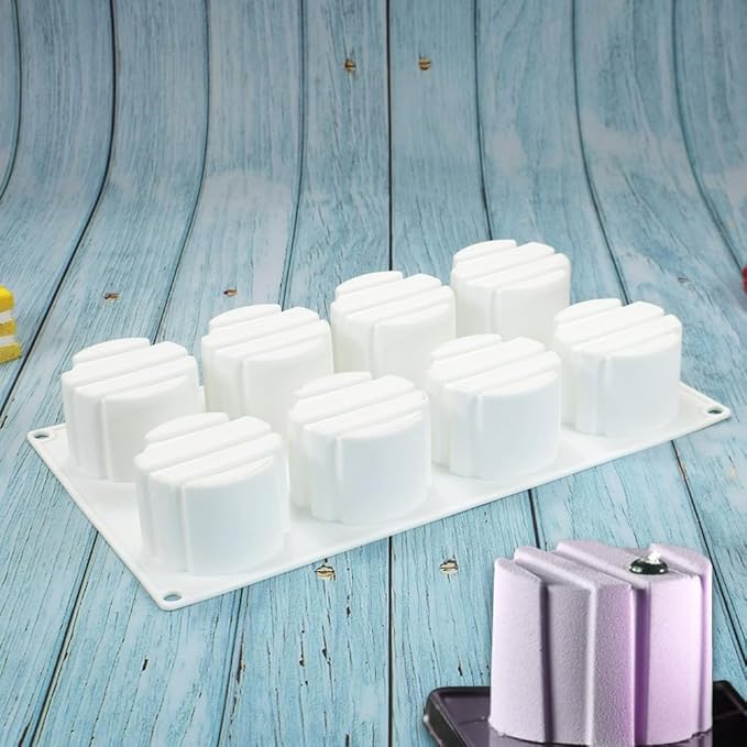 3D Small Cylinder Square Shape 8 Holes Non-stick Silicone Mold for DIY Pastry Jelly Cupcakes Mousse Ice Cream Chocolate Utensil (Cylinder Square I_11.88 X6.8 X1.76 inch)