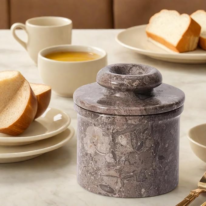 Marble Butter Keeper French Butter Dish Crock with Lid Handcrafted Grey Fossil Marble