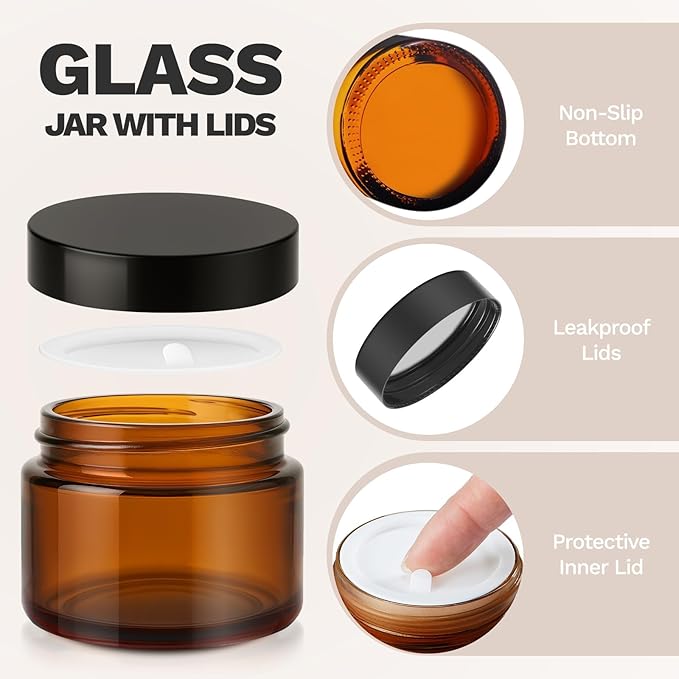 1 oz Glass Jars with Lids, Bumobum 48 pack Amber Cream Jars with Black Lids, Black and White Labels & Inner Liners, Empty Cosmetic Containers for Homemade Balms, Lotion, Salve, Ointment, Body Scrub