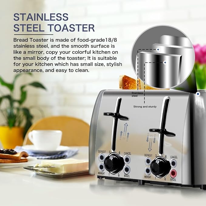 Toaster 4 Slice Stainless Steel Bagel Toaster Extra Wide Slots with 6 Browning Setting, Bagel/Reheat/Defrost/Cancel Function for Toasting Bread, Bagels and Waffles, 1500W, Silver