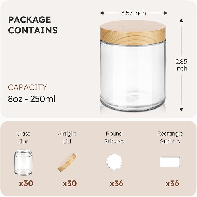 8 oz Glass Jars with Lids, 30 Pack Clear Small Glass Jars with Woodgrain Lids Leakproof Round Airtight Empty Cosmetic Travel Containers for Lotions Powders and Candle Making