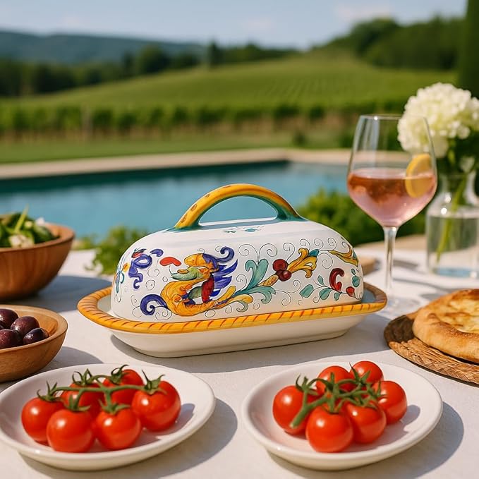 Deruta Italy Raffaellesco Butter Dish | 1 Piece 8.5 x 4 x 4.5 Inch| Handcrafted & Handpainted Italian Ceramics | Authentic Pottery Handmade Kitchen Container Display Renaissance Art Home Decor Gift