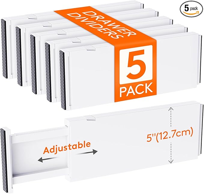 Lifewit 5 Pack Drawer Dividers 5" High,Expandable Utensil Tray for Kitchen,Expandable Dresser Separators in Bedroom/Bathroom/Kitchen/Office