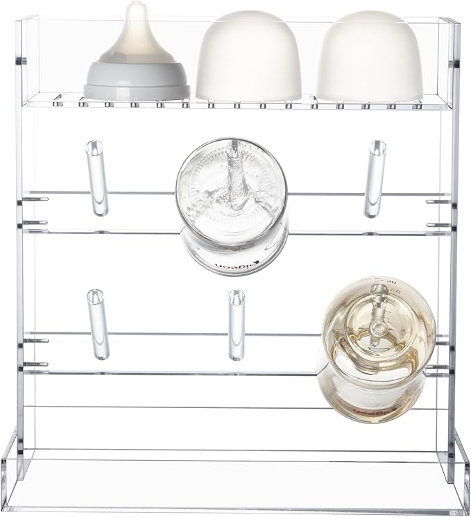 Baby Bottle Drying Rack Space Saving Acrylic Vertical Bottle Dryer Rack with Drip Tray - Clear Kitchen Countertop Storage Organizer–Fast Drying and Easy Cleanup - 10.3 x 6.3 x 10.6 in