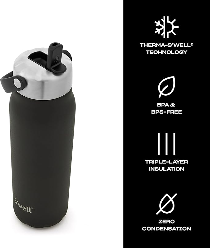 S'well Recycled Stainless Steel Explorer with Flip Straw Lid and Handle, 40oz, Onyx, Triple Layered Vacuum Insulated Containers Keeps Drinks Cold for 54 Hours and Hot for 12