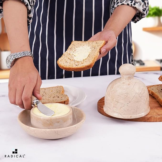 Radicaln Marble Butter Dish With Lid 6" Inches Verona Handmade Butter Spreader for Bread, Butter Crock For Counter With Water French Butter, Farmhouse Kitchen Décor