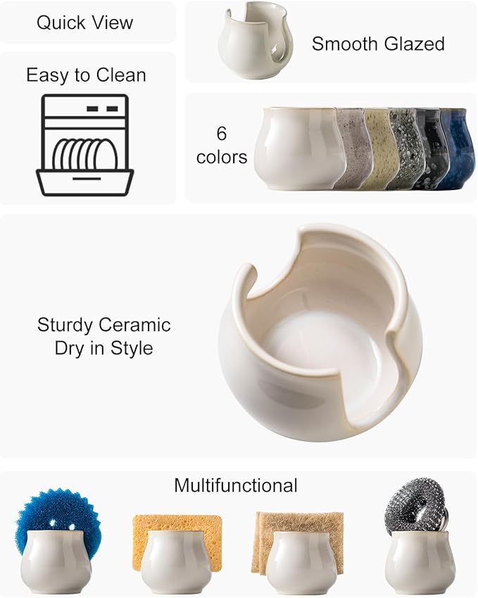 Sponge Holder for Kitchen Sink Counter, Ceramic Dish Sponge Caddy White Sink Organizer Dish Rack Farmhouse Brush Holder for Bathroom, Kitchen, White