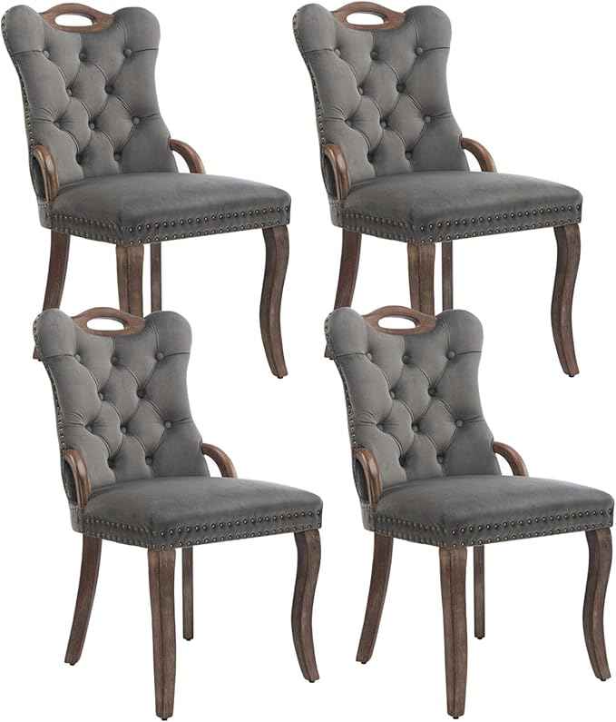 Grey Velvet Dining Chairs Set of 4，Modern Upholstered Dining Room Chairs with Tufted Back and Wood Accents, Curved Solid Wood Legs & Nailhead Trim, Sillas De Comedor Modernas 4
