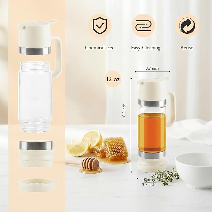Syrup Honey Dispenser, 12 OZ Glass Syrup Bottles with Handle, No Drip Pouring, Coffee Bar Accessories for Coffee and Tea, White, 2 Pack