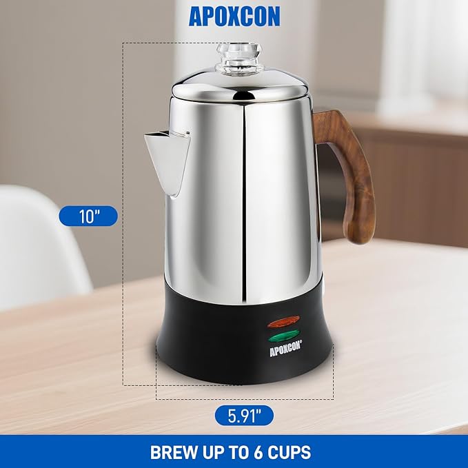 APOXCON Electric Coffee Percolator Stainless Steel Coffee Maker with Tough Glass Clear Brew Progress Knob & On/OFF Switch Keep Warm Cordless Serve for Home and Hotel Room Use Gift Box Packaging 6 Cup