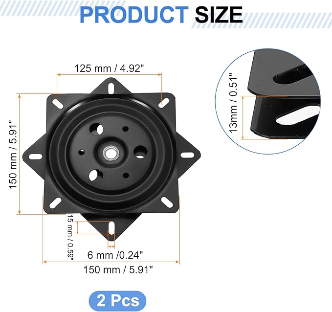 uxcell 6" Bar Stool Swivel Replacement, 360° Rotation Lazy Susan Turntable, Square Semi-Ball Bearing Seat Swivel Base Mount Plate for Recliner Chair or Table, Black (150x1mm)