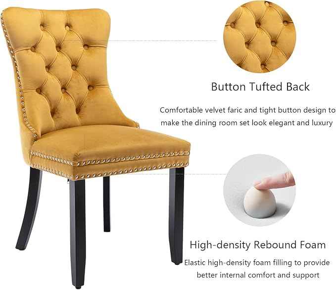 Velvet Dining Chairs Set of 6, Upholstered Dining Room Chairs with Back Ring Pull Trim and Solid Wood Legs,Tufted Wingback Kitchen Chair Perfect for Dining Room,Living Room,Kitchen(Gold)