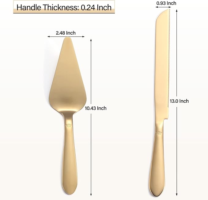 Eisinly Cake Cutting Set for Wedding, Elegant Cake Knife and Server Set with Thickened Stainless Steel Rounded Edges, Cake Cutter Pie Spatula for Birthday Anniversary, 2 Pcs, Gold