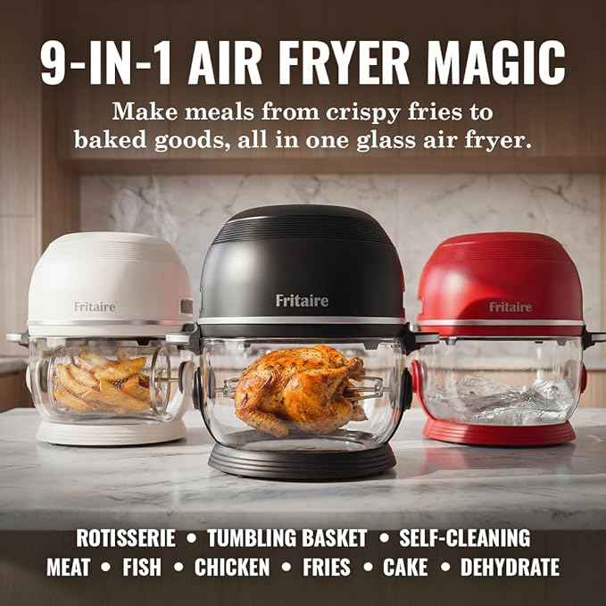 Non Toxic Air Fryer™ Pro | 9-in-1 Glass Air Fryer | Self-Cleaning | 5 Quart | Rotisserie and Tumbler | 400F Vortex For Even Cooking, BPA-Free Teflon Free, Recrisp, Roast, Bake, Black