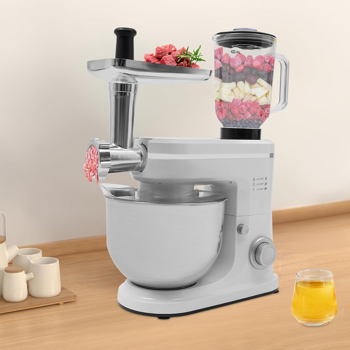 Stand Mixer, 3-in-1 Food Processor Multifunctional Electric Kitchen Mixer with 6 Accessories for Most Home Cooks, 6.34 Qt (White)